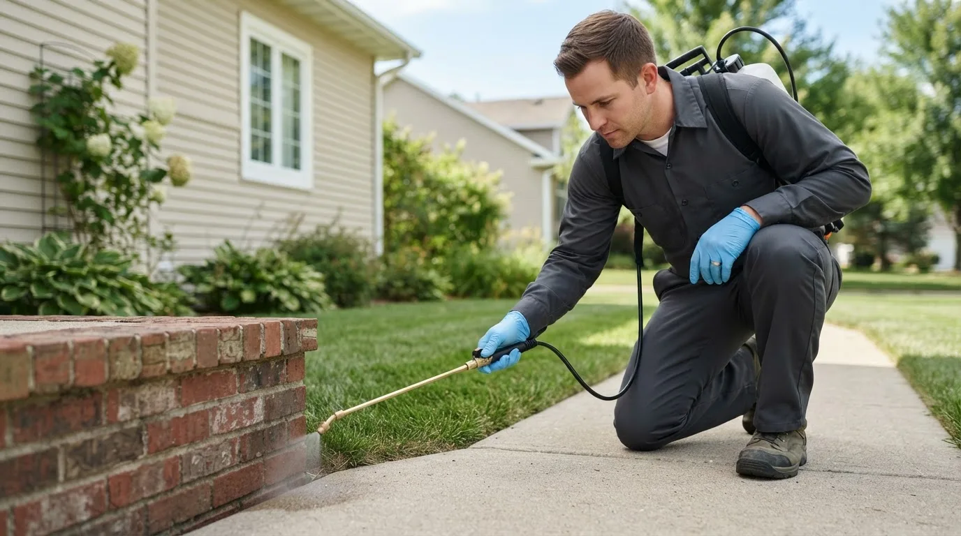 Pest control technician treating a home near Montezuma, IA