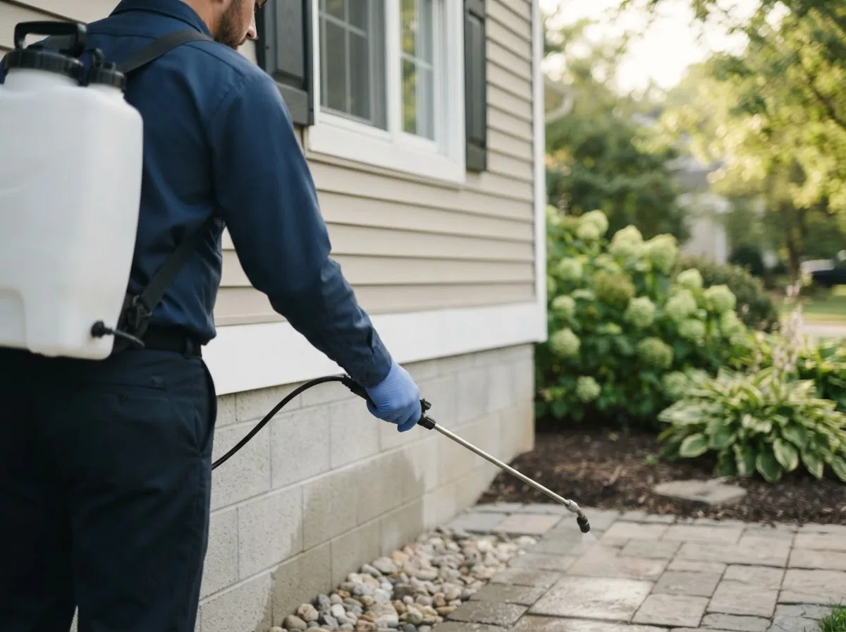 Pest control technician inspecting a home in Montezuma, IA